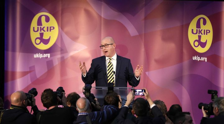 Paul Nuttall gestures after being announced as the new leader of the U.K. Independence Party in London Monday Nov. 28, 2016. (AP Photo/Alastair Grant)