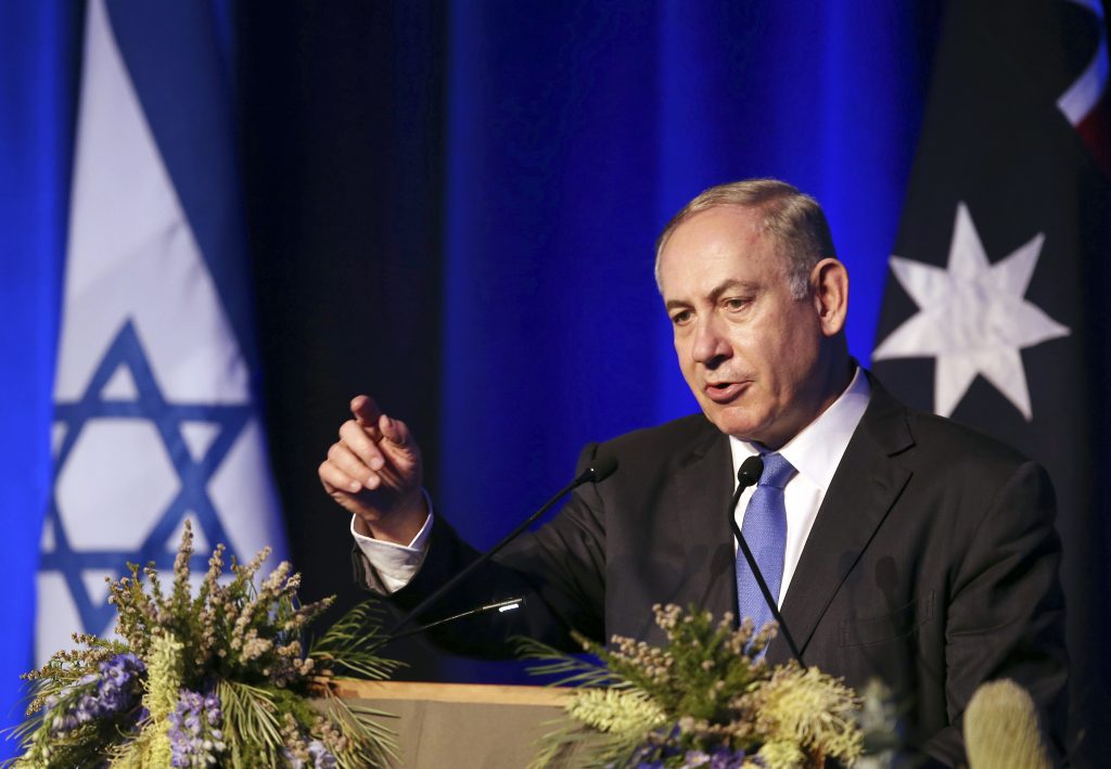 Israeli Prime Minister Benjamin Netanyahu makes a speech during a luncheon in Sydney, Wednesday, Feb. 22, 2017. Netanyahu and Australia's Prime Minister Malcolm Turnbull signed agreements on technology and air services as well as discussed expanding co-operation in areas, including cyber-security, innovation and science on the first day of Netanyahu's four-day visit.