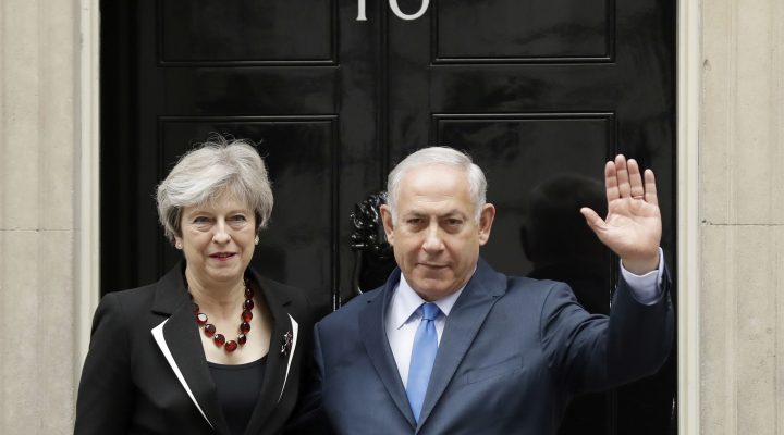 British Prime Minister Theresa May and Israeli Prime Minister Benjamin Netanyahu pose for the media as Netanyahu arrives for their meeting at 10 Downing Street in London, Thursday, Nov. 2, 2017.