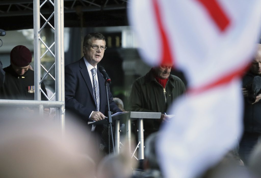 Ukip leader Gerard Batten delivers a speech at the "Brexit Betrayal Rally" on Whitehall in London, Sunday Dec, 9, 2018. (AP Photo/Tim Ireland)