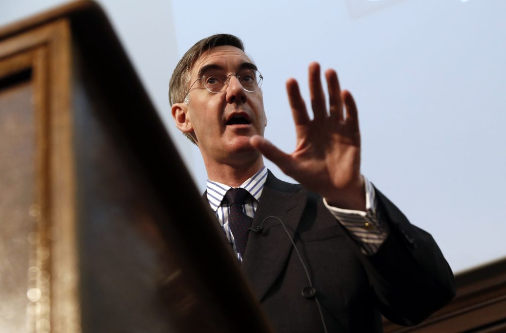 Jacob Rees-Mogg speaking at a meeting for eurosceptic think tank The Bruges group, in London, Wednesday, Jan. 23, 2019. (AP Photo/Alastair Grant)