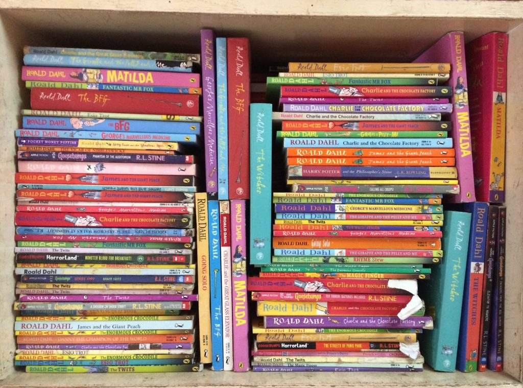 A bookshelf of Roald Dahl books